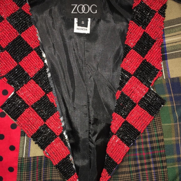 ZOOG Tuxedo Vest Red Black Beaded Collar Patchwork - Picture 4 of 8